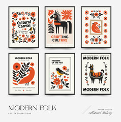 Obraz premium Abstract folk nordic art posters template. Modern trendy minimal style. Hand drawn design for wallpaper, wall decor, print, postcard, cover, template, banner.