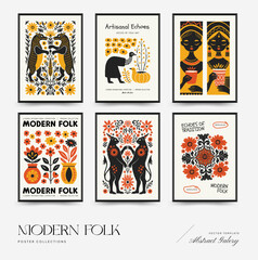 Abstract folk nordic art posters template. Modern trendy minimal style. Hand drawn design for wallpaper, wall decor, print, postcard, cover, template, banner.