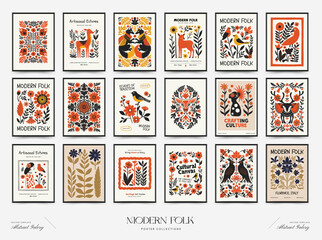 Abstract folk nordic art posters template. Modern trendy minimal style. Hand drawn design for wallpaper, wall decor, print, postcard, cover, template, banner. © KozyPlace