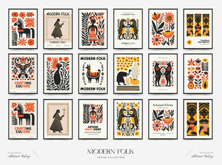 Abstract folk nordic art posters template. Modern trendy minimal style. Hand drawn design for wallpaper, wall decor, print, postcard, cover, template, banner. © KozyPlace