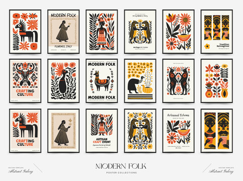 Abstract folk nordic art posters template. Modern trendy minimal style. Hand drawn design for wallpaper, wall decor, print, postcard, cover, template, banner.