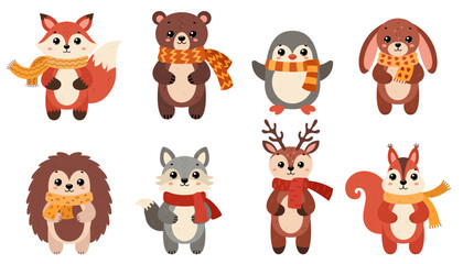 Cute winter forest animals wearing in warm scarves. Flat vector illustration isolated on white. Winter and autumn design, cold weather sticker. Hedgehog, bear, deer, hare, fox, penguin, wolf, squirrel
