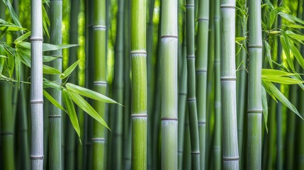 Lush green bamboo stalks in a tranquil setting, perfect for nature themes.