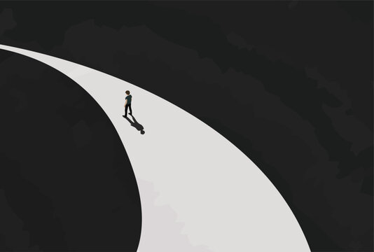  solitude concept art. single lifestyle man walking alone in the night. looking for exit door on path - way. abstract minimal art 