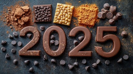 Chocolate numbers arranged for 2025 celebration with various toppings and cocoa ingredients