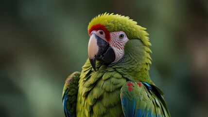 Fototapeta premium A close-up portrait of a vibrant green macaw with a red forehead and yellow eyes. The parrot's head and neck are in focus against a blurred green background.