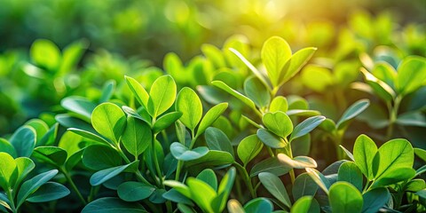 Fototapeta premium Vivid, fresh lentil leaves illuminated by natural light, softly contrasted against a lush green backdrop, create a harmonious and vibrant scene of nature's beauty.