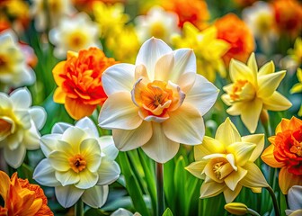 Vivid gardenia and daffodil blooms burst with color, beautifully contrasting against a softly blurred garden backdrop that enhances their natural charm and elegance.