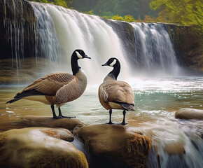 Canadian geese with waterfall background