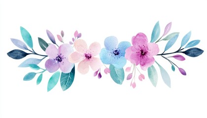 Fototapeta premium A watercolor-inspired spring floral design featuring intertwining branches and leaves, with blooming flowers in soft pastel colors, creating a light and airy composition on a white background.