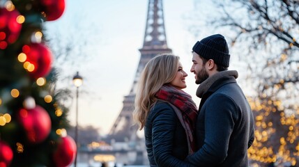 Fototapeta premium Affectionate Couple Embracing Under the Glowing Eiffel Tower in Snowy Paris at Night The pair enjoy a romantic winter vacation surrounded by the festive lights