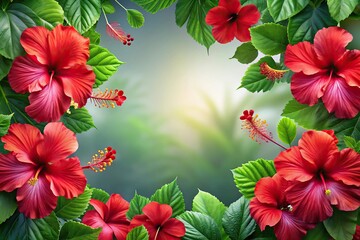 Fototapeta premium Panoramic red hibiscus flowers and tropical leaves abstract
