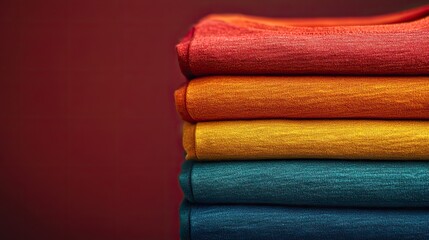 a close up view of a neatly stacked pile of various colored t shirts highlighting the textures and folds representing the fast fashion industry and consumer culture in clothing retail.illustration