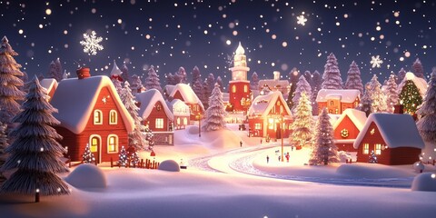 Fototapeta premium Whimsical 3D Christmas village adorned with shimmering holographic snowflakes gently cascading from the sky