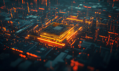 Obraz premium Futuristic AI Chip with Neon Circuits and Dynamic Data Streams in High-Tech Digital Environment