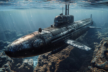 Beautiful large submarine floating in middle of ocean during mission