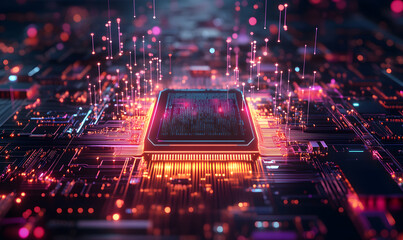 Futuristic AI Chip with Neon Circuits and Dynamic Data Streams in High-Tech Digital Environment