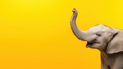 Obraz premium Close up portrait of a majestic gray elephant with its trunk raised looking curiously and peacefully against a vibrant yellow studio background The image showcases the elephant s strong