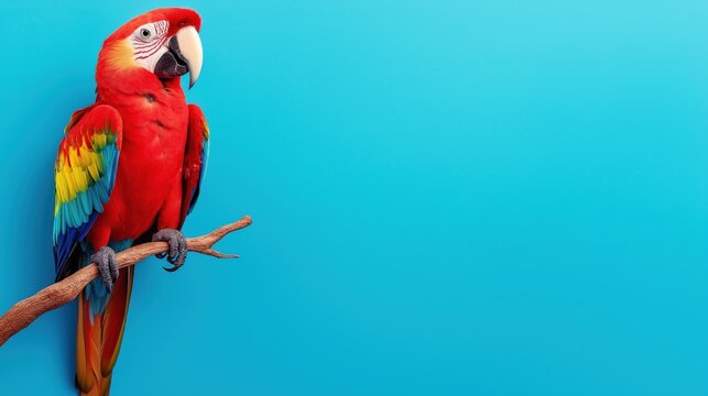Closeup of a vibrant and colorful parrot likely a macaw or ara species perched on a wooden branch with its vivid plumage of red green blue and yellow feathers displayed