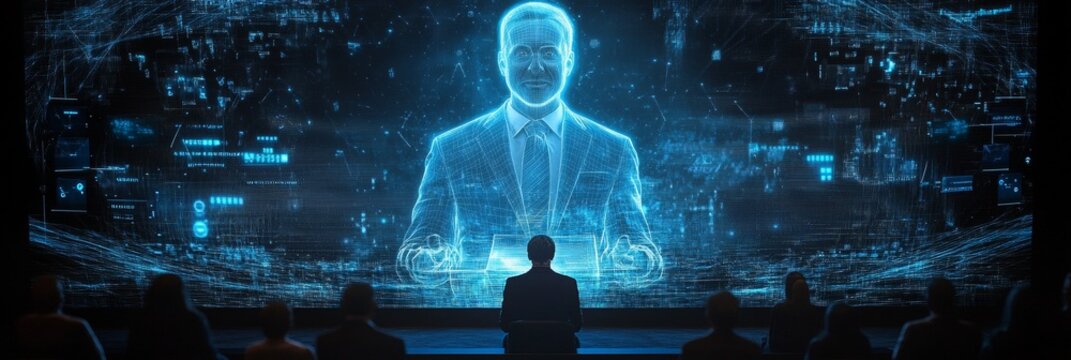 Holographic Business Keynote, dynamic 3D representation of a businessman engaging a virtual audience with impactful speech delivery
