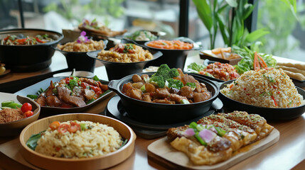 Obraz premium Variety of dishes from different cultures on a table representing gastronomic diversity. Generative AI.