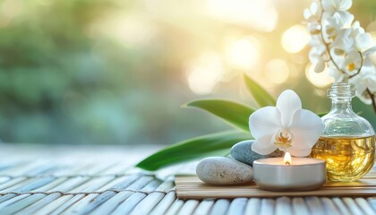Relaxing spa setting with stones, orchid, oil, and candle on wooden mat.
