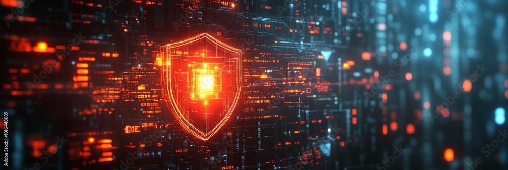 Poster digital fortress, a 3d shield encasing a luminous firewall, intricate data encryption symbols radiat
