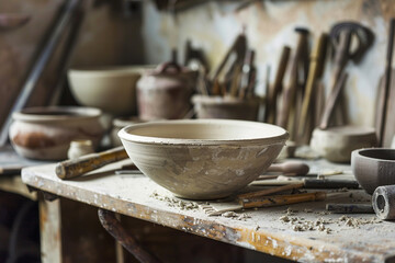AI generated photo of female artist shaping clay on spinning wheel pottery artist