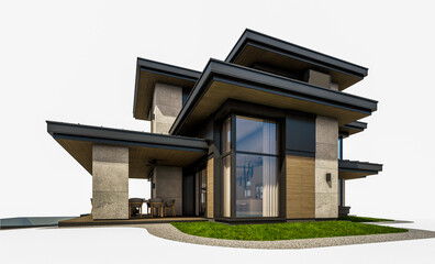3d rendering of modern two story house with gray and wood accents, large windows, parking space in the right side of the building, daylight, isolated on white
