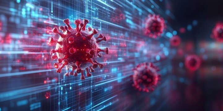 3D virus hologram obstructed by digital shield, softly blurred tech grid backdrop, vibrant colors, futuristic design, high-tech atmosphere - Powered by Adobe