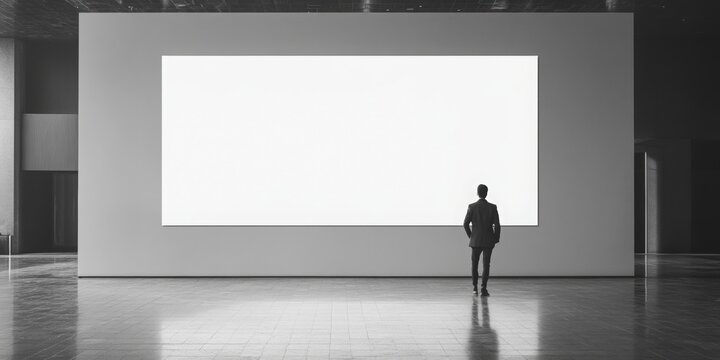 Bold advertisement sign on a white wall, spacious central text area, right-aligned, striking visual impact, modern urban design
