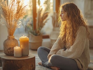 Young woman meditating with candles in cozy home interior.
