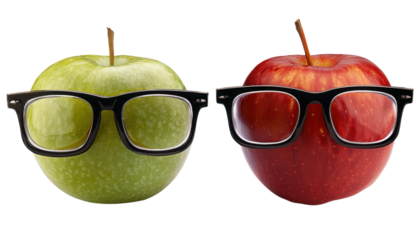 Funny apples with glasses on white background transparent