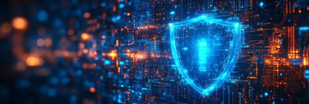 Blue digital shield, glowing firewall, fortified against encrypted circuit boards, representing robust cybersecurity defenses and protection strategies