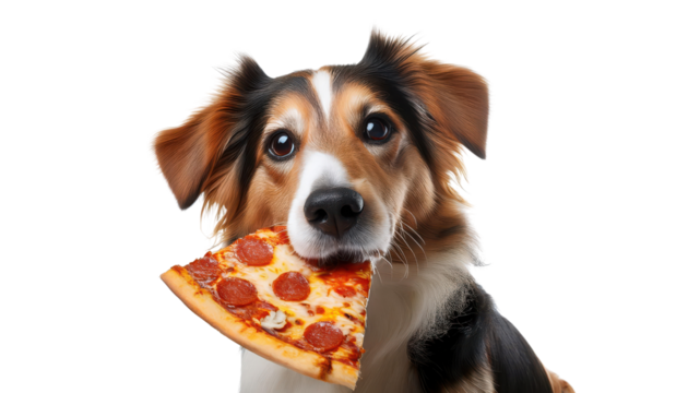 Dog with pizza slice, white isolated background transparent