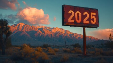 Bold 2025 billboard against a softly blurred mountain range, vibrant colors, striking visual contrast, modern design, inviting atmosphere