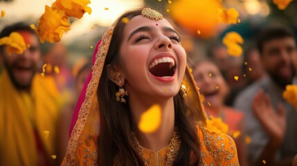 Indian woman joyfully laughing and celebrating a traditional cultural festival while wearing a vibrant colorful costume  The image captures the happiness energy and festive spirit of the event