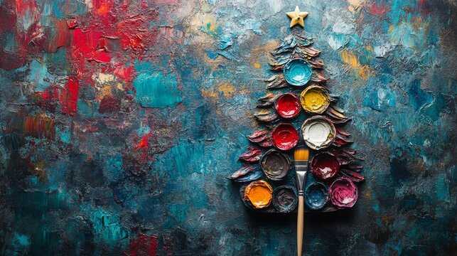 A vibrant Christmas tree crafted from paintbrush and colorful palette against a textured background