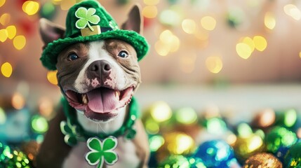 A joyful dog dressed in festive attire enjoys the St. Patrick's Day decorations