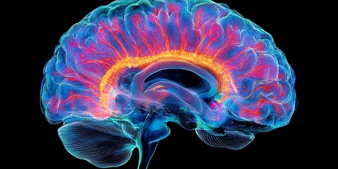 3D illustration of the human brain with highlighted areas.