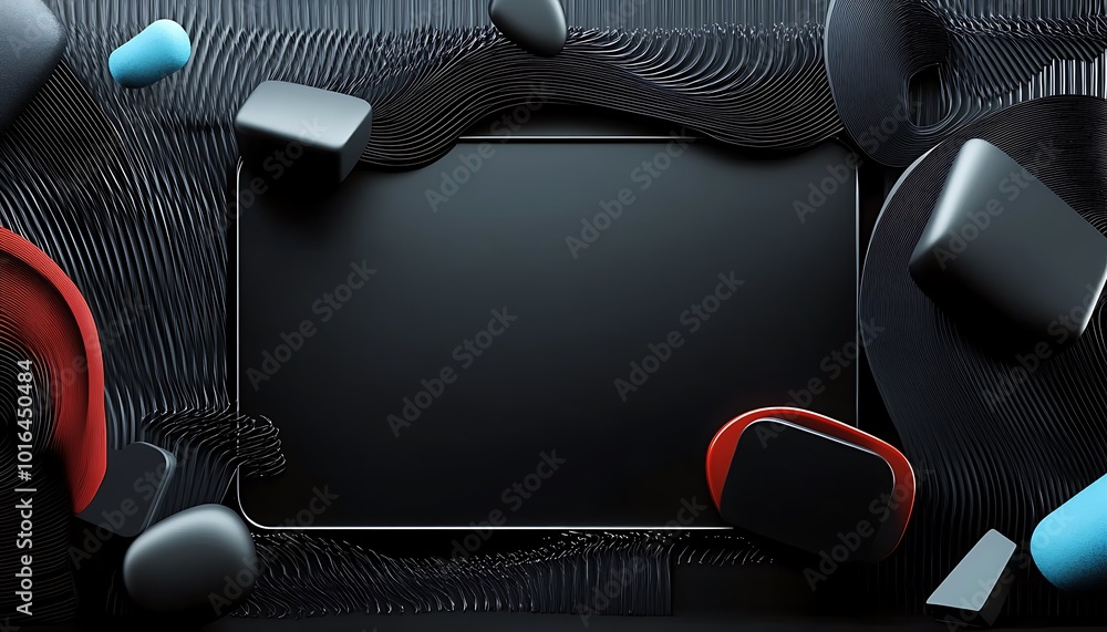 Poster geometric shapes and flowing forms interact on a sleek black backdrop, enhancing visual interest in 