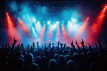 Fototapeta premium concert scene with a cheering crowd, illuminated by colorful stage lights in shades of blue and red.