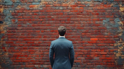 a determined businessman in a suit stands halted before a symbolic brick wall representing obstacles such as sanctions economic challenges,a potential business deadlock.illustration