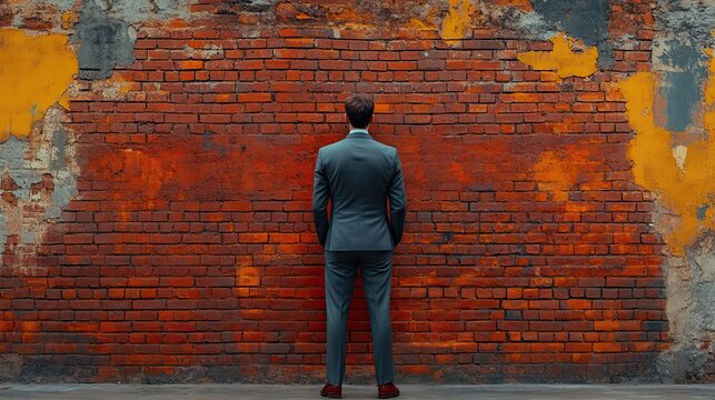 a determined businessman in a suit stands halted before a symbolic brick wall representing obstacles such as sanctions economic challenges,a potential business deadlock.create by F.a