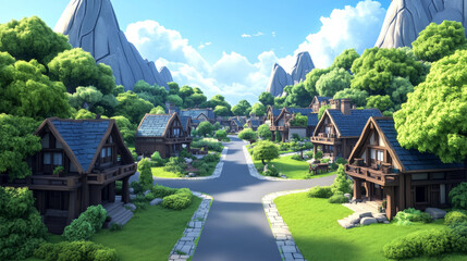Fototapeta premium A quaint little village nestled between towering mountain peaks.
