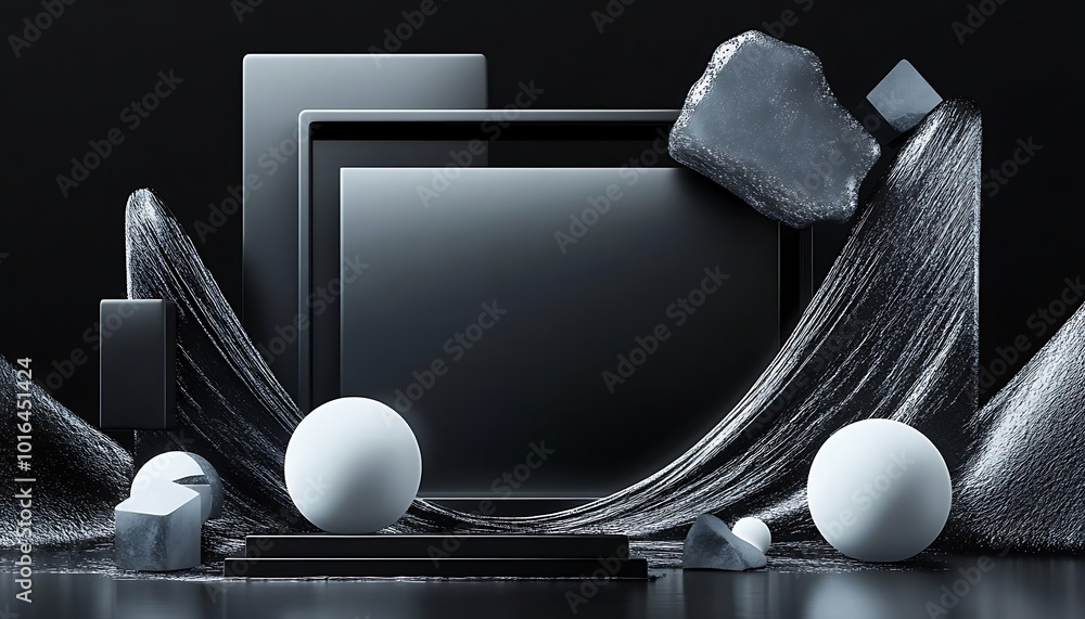 Poster geometric shapes and flowing forms interact on a sleek black backdrop, enhancing visual interest in 