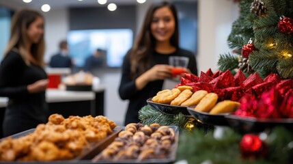 Tray of assorted Christmas cookies and donuts displayed in a cozy decorated office setting  Festive holiday tree and ornaments create a warm celebratory atmosphere
