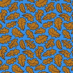 Bright autumn pattern with hand drawn oak leaves on blue background designed for fabric, wrapping