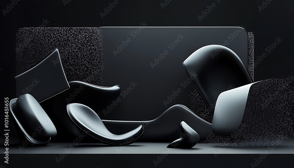 Poster geometric shapes and flowing forms interact on a sleek black backdrop, enhancing visual interest in 