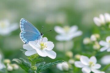 Naklejka premium Blue butterfly resting on white flower in a lush green garden.